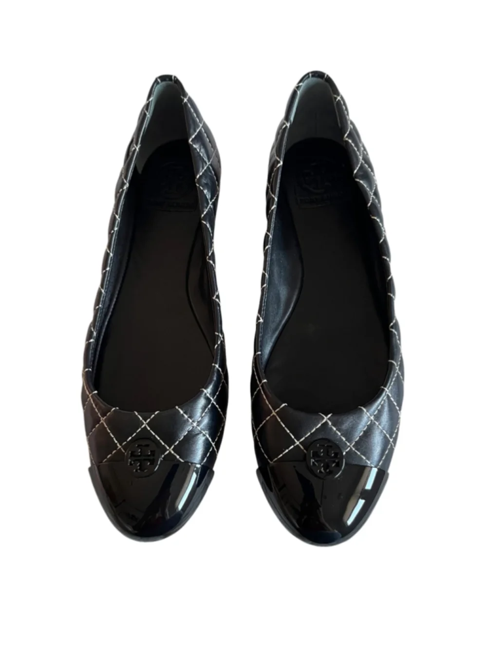 Tory Burch Quilted Leather KAITLIN Ballet Flats in Black w/ White Trim 8.5